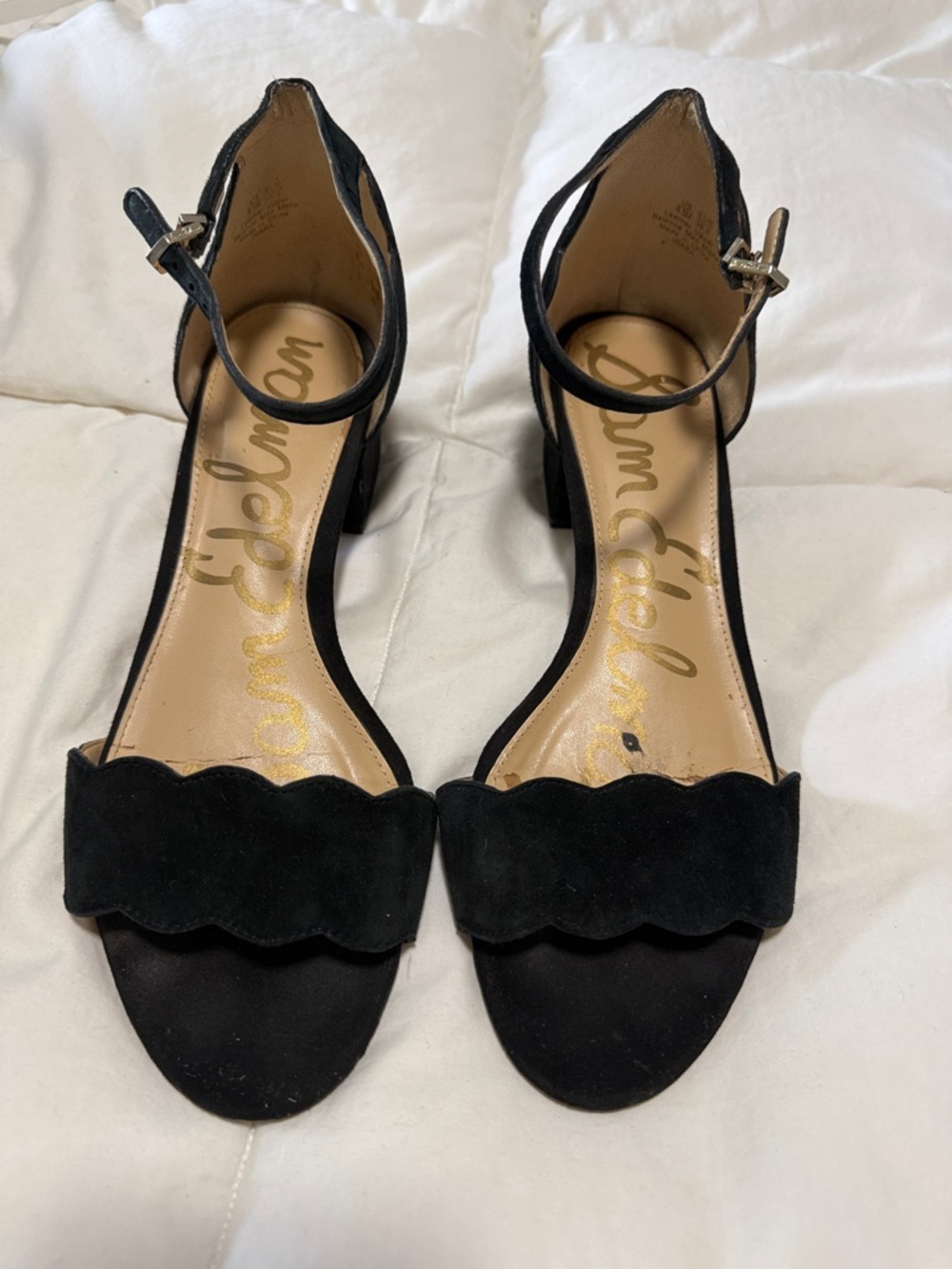 Sam Edelman Black Scallop Suede Ankle-Strap Block Heels